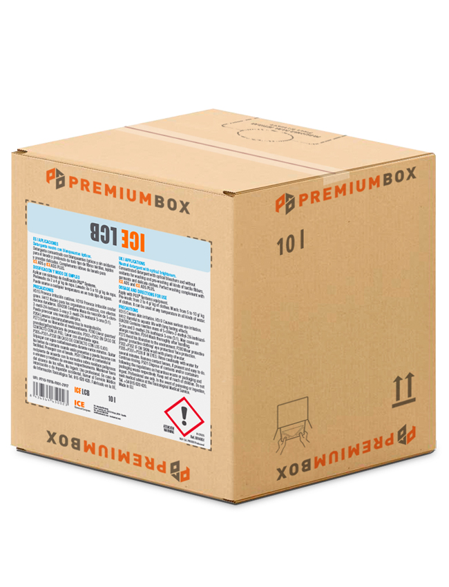 0014951 ICE LCB es un detergente concentrado con blanqueantes ópticos y sin oxidantes para el lavado y prelavado de todo tipo de fibras textiles con packaging ecológico PREMIUM BOX.
