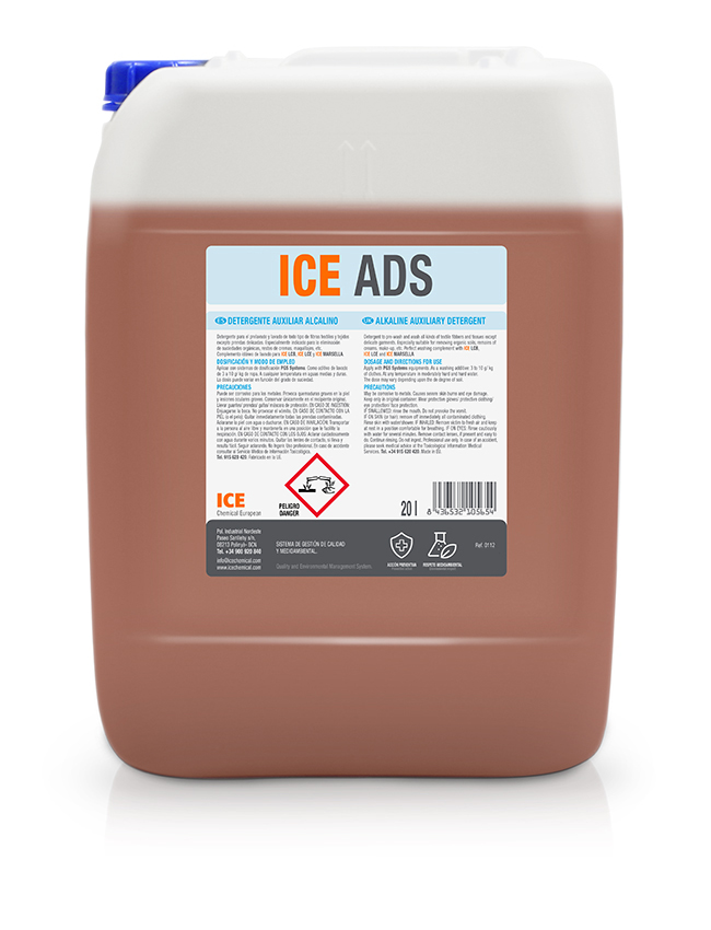 0112952 ICE ADS es un detergente para el lavado de todo tipo de tejidos excepto las prendas delicadas. Indicado para la eliminación de suciedades orgánicas.