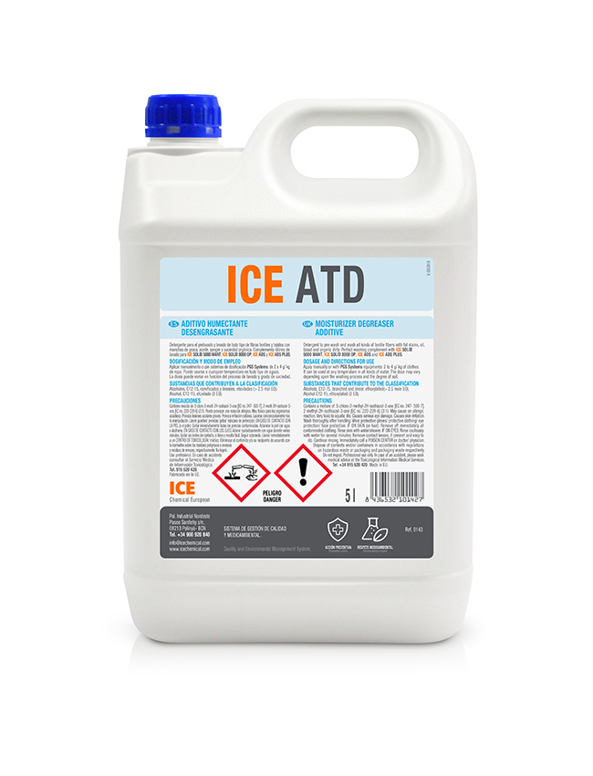 0143905 ICE ATD es un detergente para el prelavado y lavado de todo tipo de tejidos.