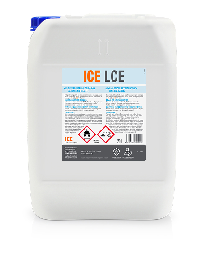 0255923 ICE LCE es un detergente biodegradable con jabones naturales para el lavado y prelavado de todo tipo de fibras textiles, tejidos y prendas delicadas.