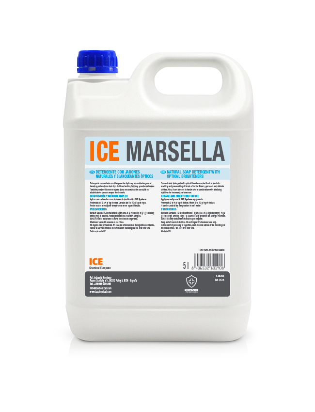 0518905 ICE MARSELLA es un dtergente concentrado con blanqueantes ópticos y sin oxidantes para el lavado de todo tipo de tejidos y prendas delicadas.