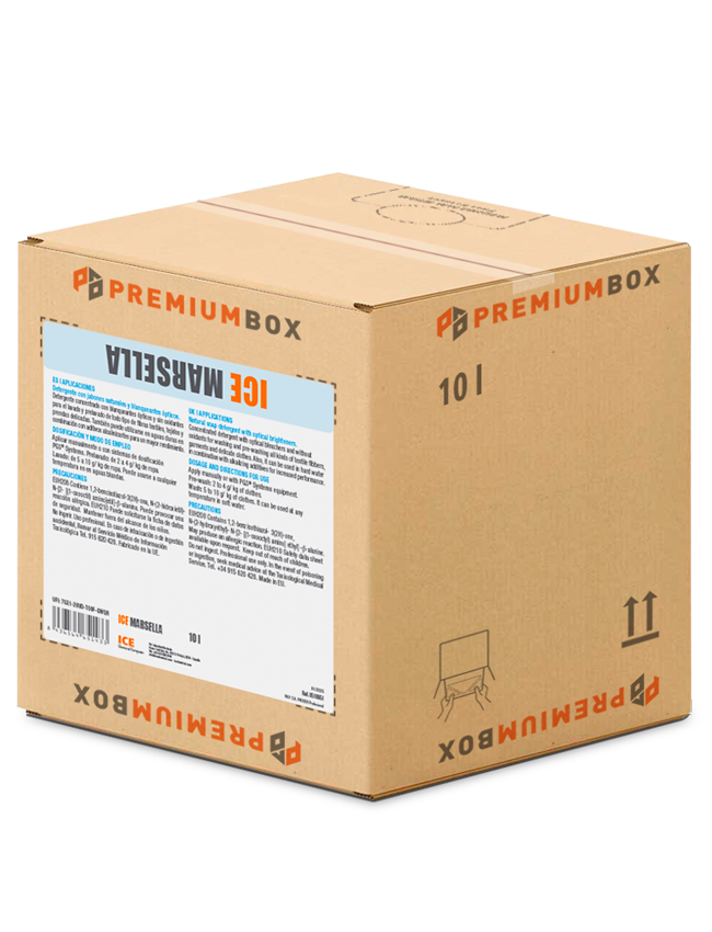 0518951 ICE MARSELLA es un dtergente concentrado con blanqueantes ópticos y sin oxidantes para el lavado de todo tipo de tejidos y prendas delicadas con packaging ecologico PREMIUM BOX.
