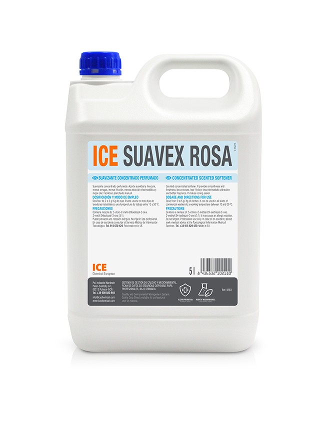 ICE SUAVEX ROSA es un suavizante concentrado perfumado que aporta suavidad y frescura, menos arrugas, menos fricción, menos atracción electrostática y mejor olor.