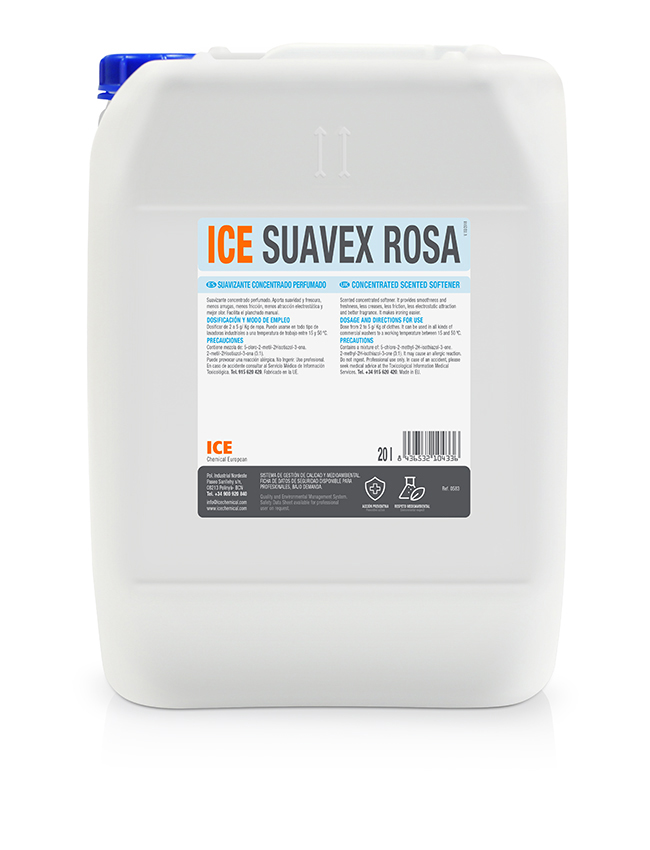 ICE SUAVEX ROSA es un suavizante concentrado perfumado que aporta suavidad y frescura, menos arrugas, menos fricción, menos atracción electrostática y mejor olor.