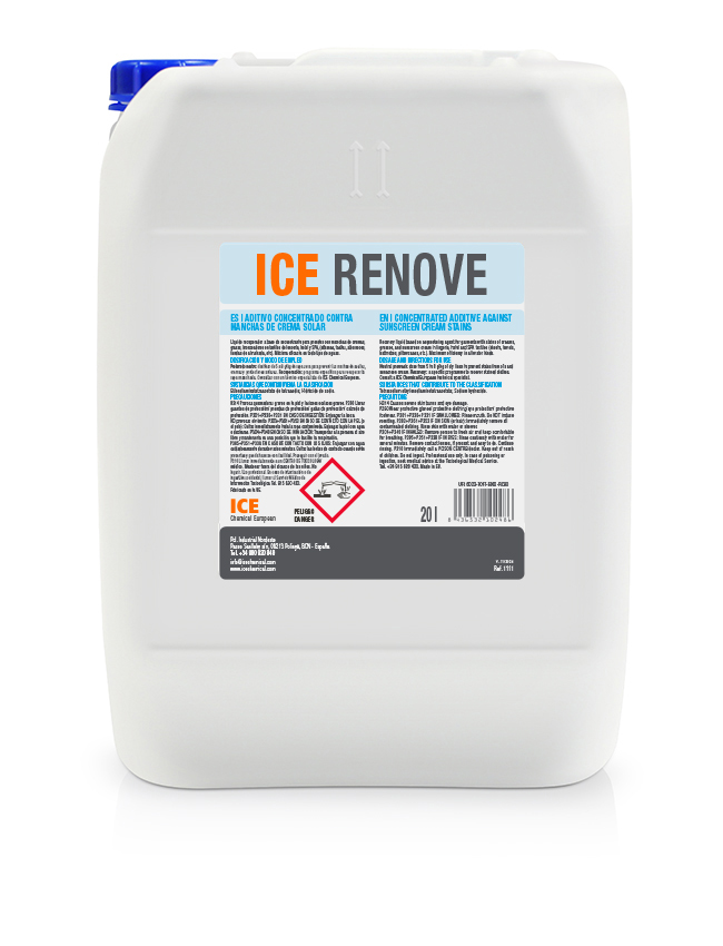 ICE RENOVE es un Líquido recuperador a base de secuestrante para prendas con manchas de cremas, grasas, bronceadores en textiles de lencería, hotel y SPA, (sábanas, toallas, albornoces, fundas de almohada, etc).