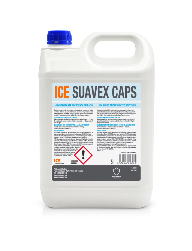 ICE SUAVEX CAPS es un suavizante concentrado con perfume encapsulado que impregna los tejidos y se libera de forma gradual con la fricción.