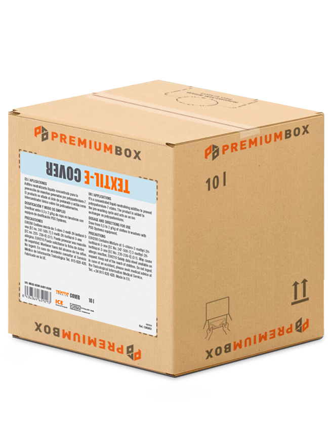 TEXTIL-E COVER es un aditivo neutralizante líquido ultraconcentrado para la prevención de manchas generadas por polyquaternium-7 con packaging ecológico PREMIUM BOX.