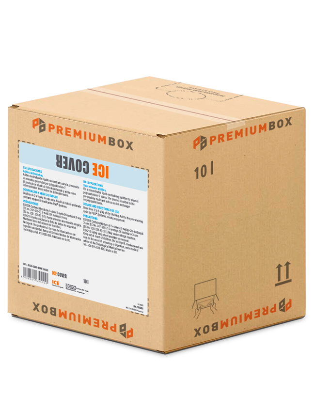 ICE COVER es un aditivo neutralizante líquido concentrado para la prevención de manchas generadas por polyquaternium-7 con packaging ecológico PREMIUM BOX.